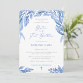 Waterverf Blue Leaves Boy Baptisme 1e verjaardag Kaart (Staand voorkant)