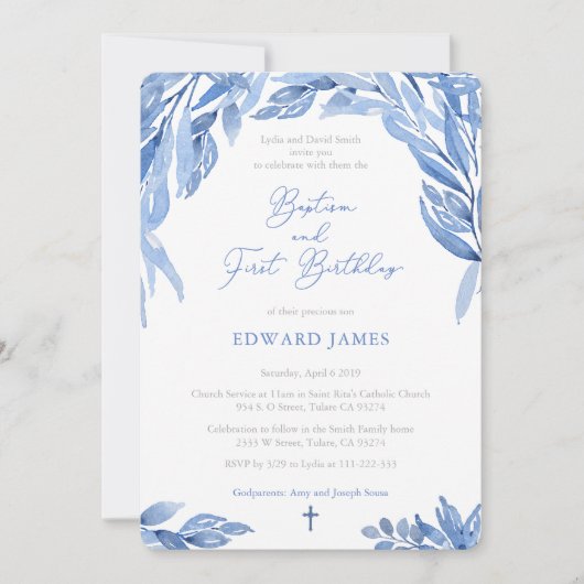 Waterverf Blue Leaves Boy Baptisme 1e verjaardag Kaart (Voorkant)