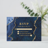 Waterverf Blue Marble Agate Geode Wedding Gold RSVP Kaartje (Staand voorkant)