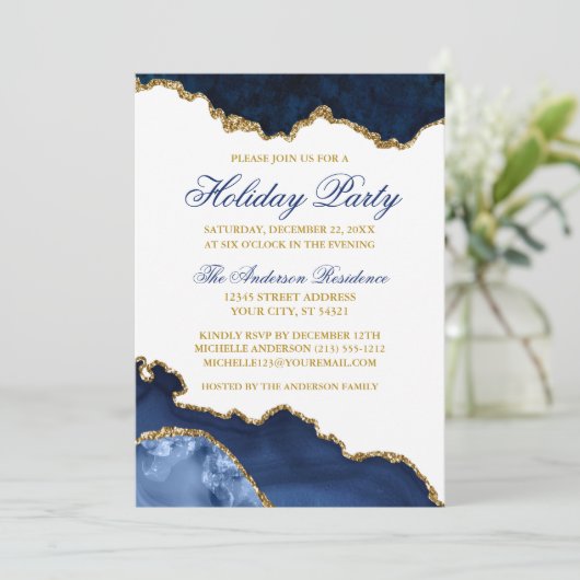 Waterverf Blue Marble Geode Gold Holiday Partij Kaart (Staand voorkant)