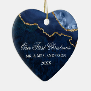 Waterverf Blue Marble Geode Wedding Heart PHOTO Keramisch Ornament