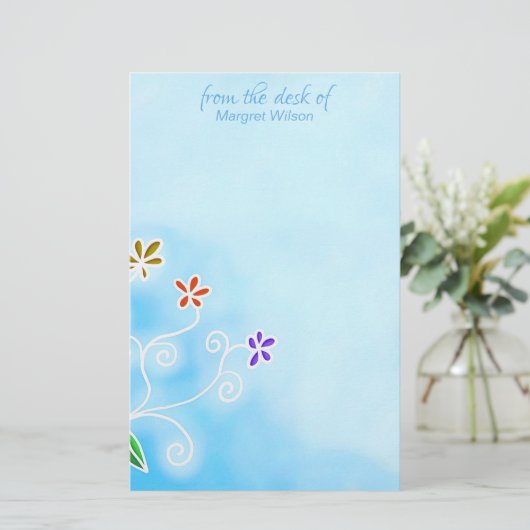 Waterverf Blue met Whimsical Flowers Personal Briefpapier (Staand voorkant)