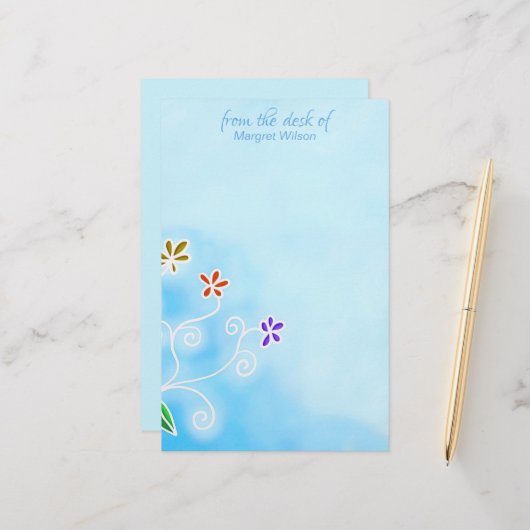Waterverf Blue met Whimsical Flowers Personal Briefpapier (Voorkant / Achterkant in situ)