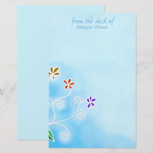 Waterverf Blue met Whimsical Flowers Personal Briefpapier (Voorkant / Achterkant)