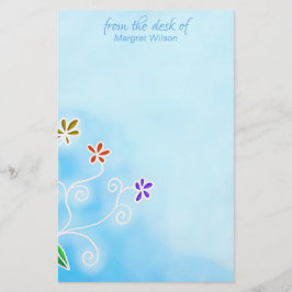 Waterverf Blue met Whimsical Flowers Personal Briefpapier