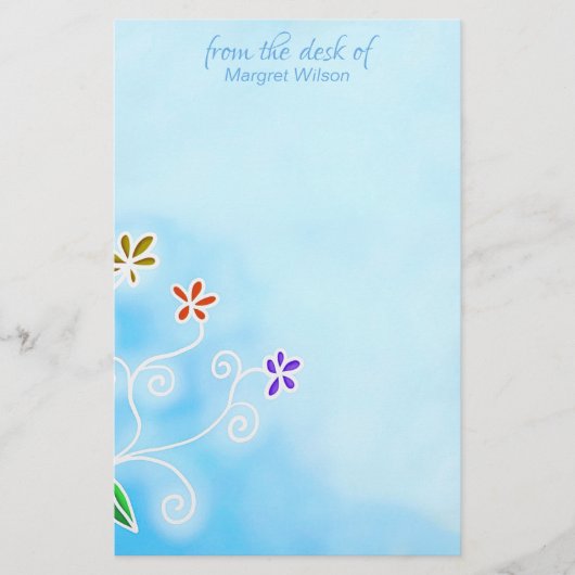 Waterverf Blue met Whimsical Flowers Personal Briefpapier (Voorkant)