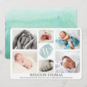 Waterverf Blue Monogram Foto Collage Boy Birth Aankondiging (Voorkant / Achterkant)