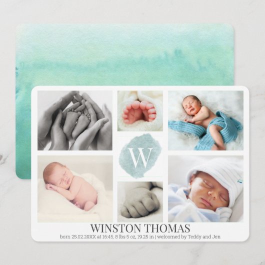 Waterverf Blue Monogram Foto Collage Boy Birth Aankondiging (Voorkant / Achterkant)