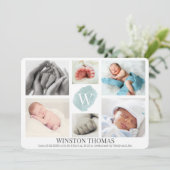 Waterverf Blue Monogram Foto Collage Boy Birth Aankondiging (Staand voorkant)