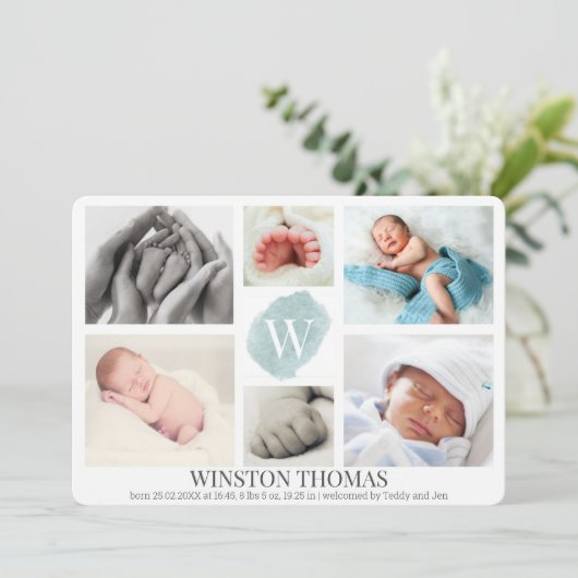Waterverf Blue Monogram Foto Collage Boy Birth Aankondiging (Staand voorkant)