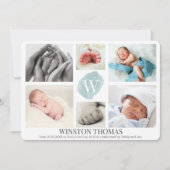 Waterverf Blue Monogram Foto Collage Boy Birth Aankondiging (Voorkant)
