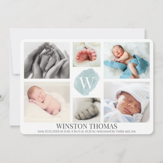 Waterverf Blue Monogram Foto Collage Boy Birth Aankondiging (Voorkant)