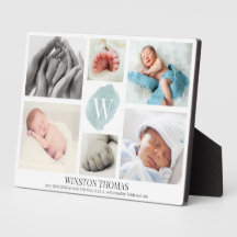 Waterverf Blue Monogram Foto Collage Boy Birth