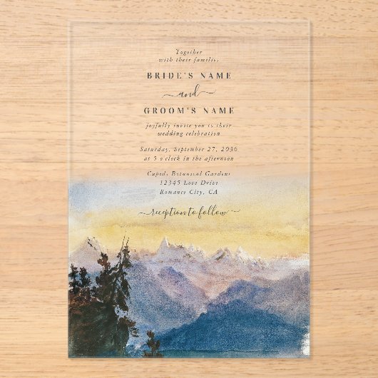 Waterverf Blue Mountains Pine Wedding Acryl Uitnodigingen (Voorkant)