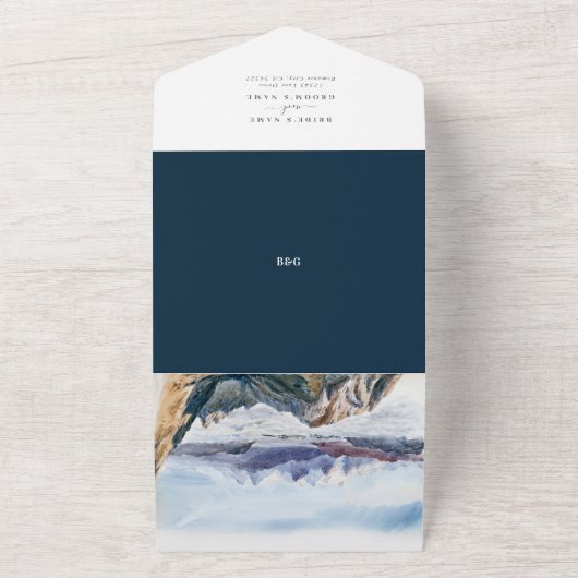 Waterverf Blue Mountains Pine Wedding All In One Uitnodiging (Buitenkant)