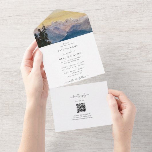 Waterverf Blue Mountains Pine Wedding All In One Uitnodiging (Afscheurbaar)