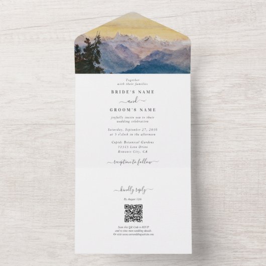 Waterverf Blue Mountains Pine Wedding All In One Uitnodiging (Binnen)
