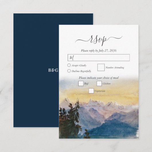 Waterverf Blue Mountains Pine Wedding RSVP Kaartje (Voorkant / Achterkant)