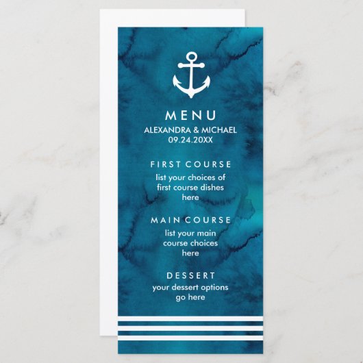 Waterverf Blue Nautical Wedding Menu (Voorkant / Achterkant)