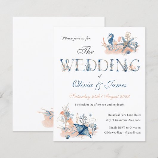 Waterverf blue nautische oceaan huwelijksuitnodigi (Voorkant / Achterkant)