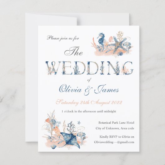 Waterverf blue nautische oceaan huwelijksuitnodigi (Voorkant)