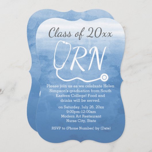 Waterverf Blue Nurse GraduParty Kaart (Voorkant / Achterkant)