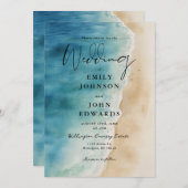 Waterverf Blue Ocean Beach Sand Wedding Kaart (Voorkant / Achterkant)