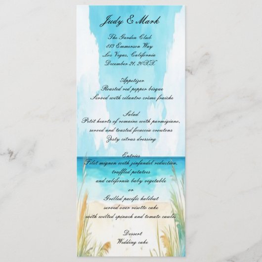 Waterverf Blue Ocean Beach Wedding Menu (Voorkant)