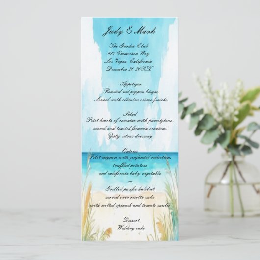 Waterverf Blue Ocean Beach Wedding Menu (Staand voorkant)