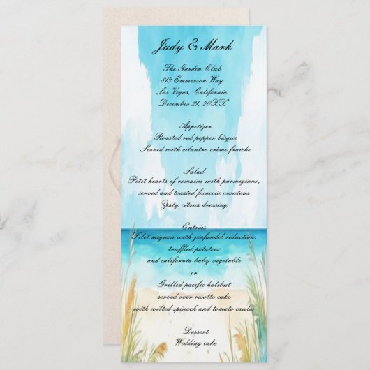 Waterverf Blue Ocean Beach Wedding Menu (Voorkant / Achterkant)
