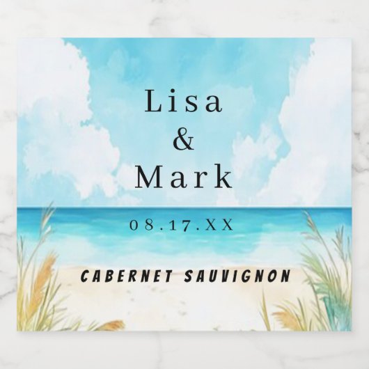 Waterverf Blue Ocean Beach Wijnlabels Sparkling Wijnetiket (Enkel label)