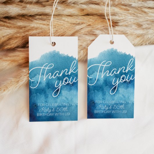 Waterverf Blue Ocean Dank u verjaardagsgunst Cadeaulabel