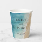 Waterverf Blue Ocean Sand Beach bruiloft Papieren Bekers (Achterkant)