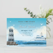 Waterverf Blue Ocean Ship Wedding Save The Date (Staand voorkant)