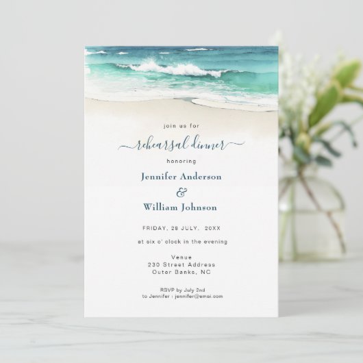 Waterverf Blue Ocean Wedding Rehearsal Dinner Aankondiging (Staand voorkant)