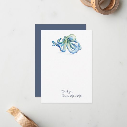 Waterverf Blue Octopus Dank je verhaal Notitiekaartje (Voorkant / Achterkant in situ)