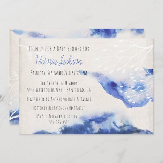 Waterverf Blue Ombre Baby Shower Uitnodigingen (Voorkant / Achterkant)
