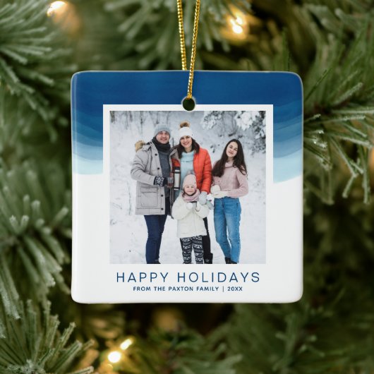 Waterverf Blue Ombre Happy Holiday Keramisch Ornament (Boom)