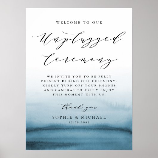 Waterverf Blue Ombre Unplugged Wedding Ceremony Poster (Voorkant)