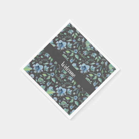Waterverf Blue op Dark Grey Floral Custom Servet (Hoek)