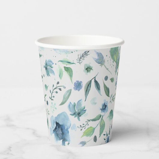 Waterverf Blue op Light Grey Floral Custom Papieren Bekers (Achterkant)