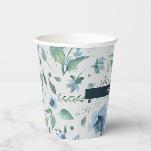Waterverf Blue op Light Grey Floral Custom Papieren Bekers (Rechts)