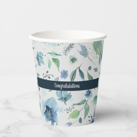 Waterverf Blue op Light Grey Floral Custom Papieren Bekers (Voorkant)