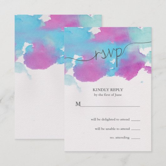 Waterverf Blue Paars Wedding RSVP Kaartje (Voorkant / Achterkant)