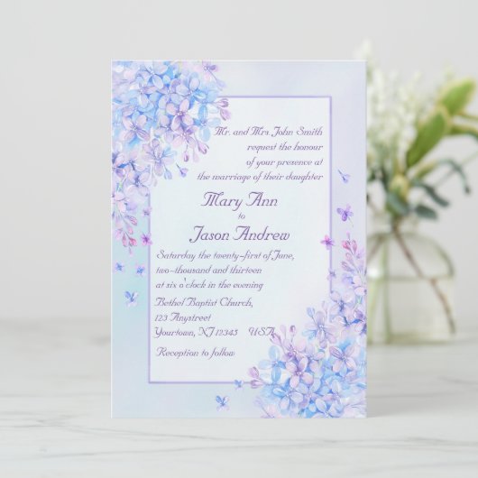 Waterverf Blue Paarse Lila Flower Wedding Invite Kaart (Staand voorkant)