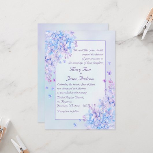 Waterverf Blue Paarse Lila Flower Wedding Invite Kaart (Voorkant / Achterkant in situ)