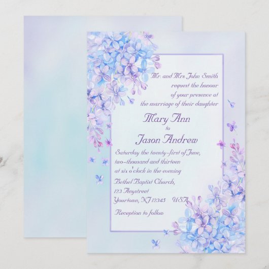 Waterverf Blue Paarse Lila Flower Wedding Invite Kaart (Voorkant / Achterkant)