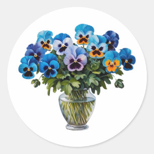 Waterverf Blue Pansy Bloemenboeket Ronde Sticker