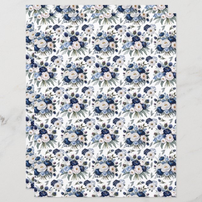 Waterverf Blue Peonies Scrapbook Paper (Voorkant / Achterkant)