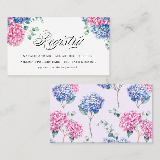 Waterverf Blue & Pink Hydrangea Weddenschap Regist Informatiekaartje (Voorkant / Achterkant)